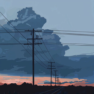 透视电线杆屋顶晚霞