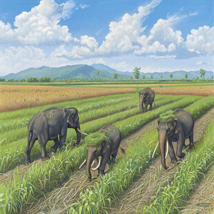 大象水稻稻田插画