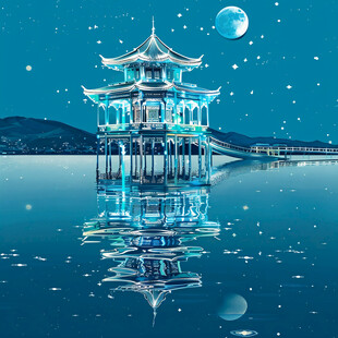 凉亭水中夜景