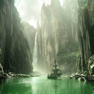 江南水乡瀑布渔船线条