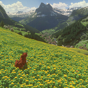 花丛边的猫咪插画