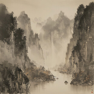 手绘风景画烟雾山水画