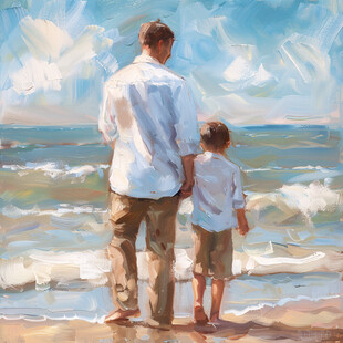 在海边的老人与小孩