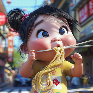 卡通小女孩吃粉条面条