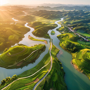 蜿蜒茶山远山水波纹