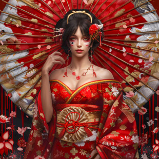 红色和服艺妓