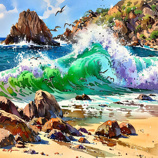 海浪水粉画