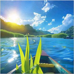 湖畔渔舟河流山峰环保