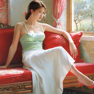 靠在柜子上的古典美女