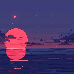 插画夜景湖泊