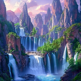 山水风景油画瀑布