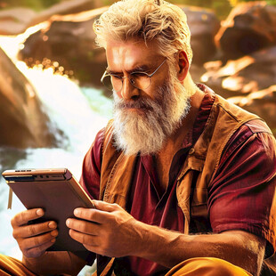 河边看手机的老人