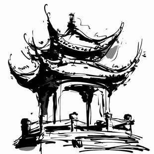 中式建筑钢笔插画