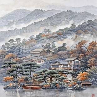 工笔山水画重彩风景画