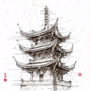 中式建筑钢笔插画