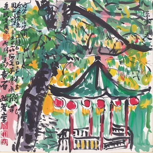 水榭树木水粉画