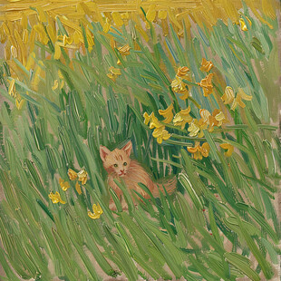 花丛边的猫咪插画