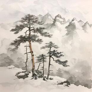 迎客松软膜天花水墨画