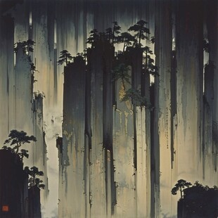 青松红日山峦竹子