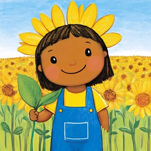 手绘采向日葵的小女孩