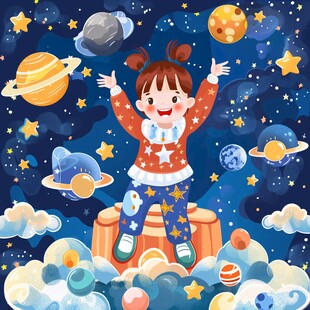 宇宙星空星球小女孩