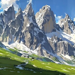 手绘草原草雪山