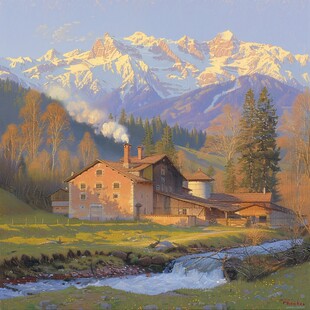 冬天的山村油画