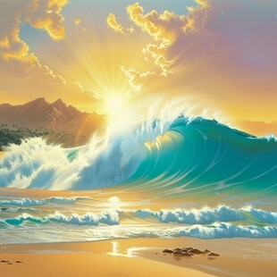 手绘海浪旭日东升