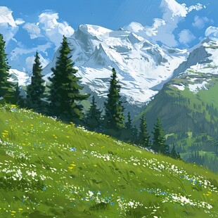 手绘草原草雪山