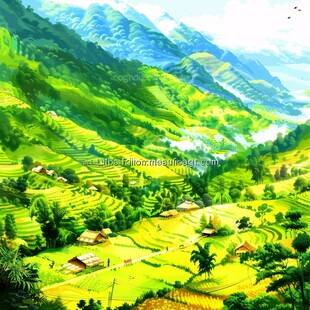 水稻梯田插画