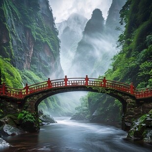 风景小桥瀑布绿树远山