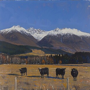 胡杨林牛群雪山油画