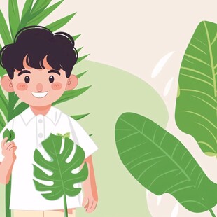 手绘拿树叶的男孩
