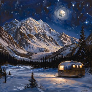 手绘雪夜风景无框画