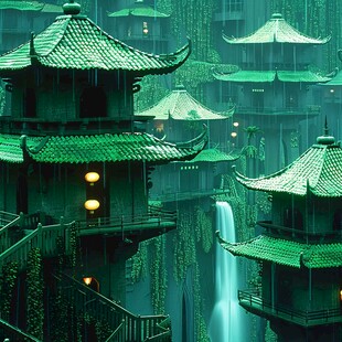 中式古代建筑雨景