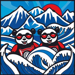 手绘滑雪的熊猫插画