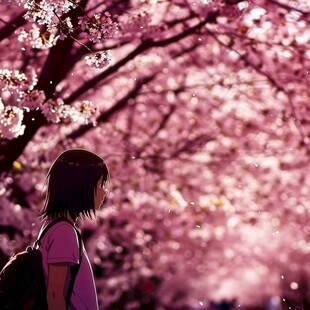 樱花少女背影