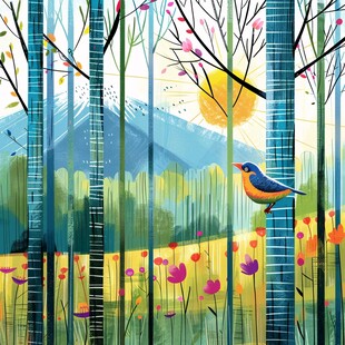 竹林飞鸟插画