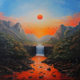 山水夕阳油画