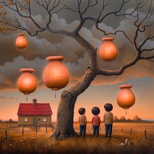 灯笼树下一家三口