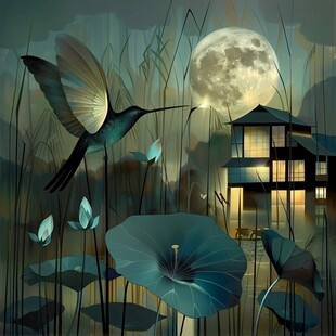 插画夜景湖泊