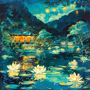 虎溪夜月景点插画