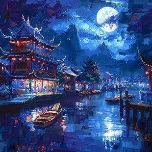 玄幻古镇夜景