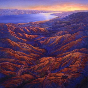 手绘油画群山河流线条