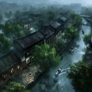 中式古代建筑雨景