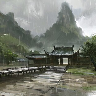 中式古代建筑雨景