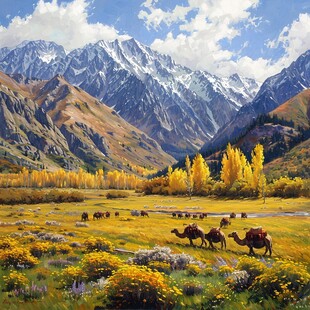 胡杨放牧牛群雪山油画