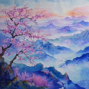 山峰山水画油画梅花鹿
