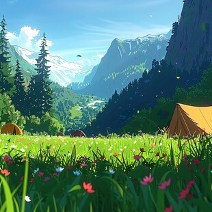 手绘山林露营地