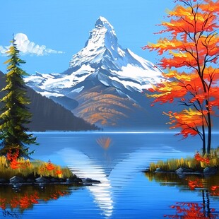 插画山水湖